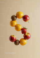 Circle of assorted fresh fruits on beige background