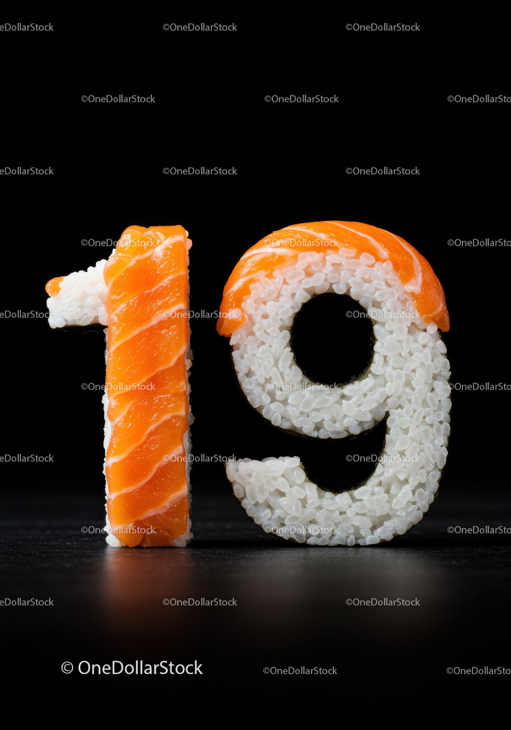 Numer 19 w kształcie ryżu sushi i plastrów łososia