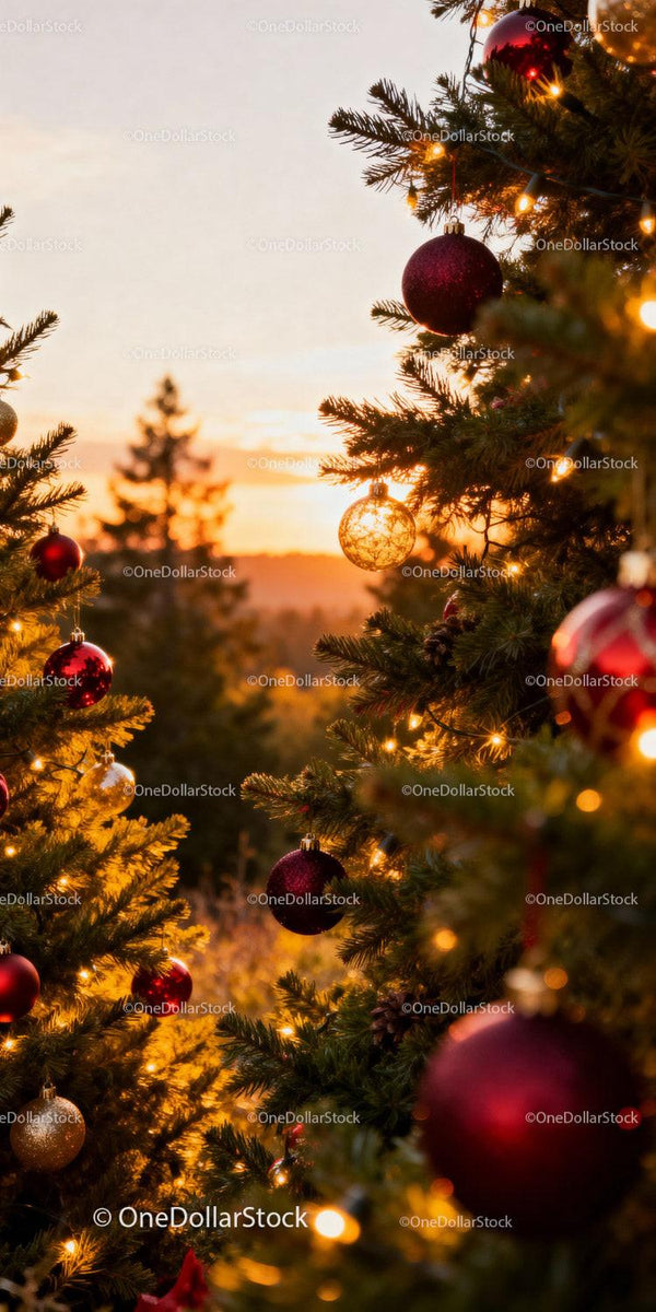 Warm Christmas Tree Glow at Sunset Outdoors