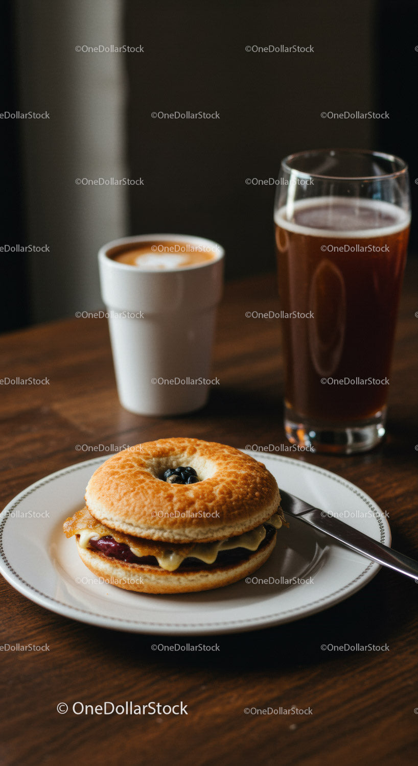 Classic breakfast bagel sandwich with coffee and beer