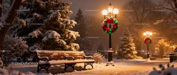 Snow-covered park bench with festive Christmas wreath lights