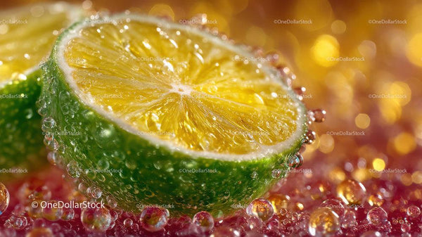 Close-up of Juicy Lime Slice with Bubbles and Vibrant Background