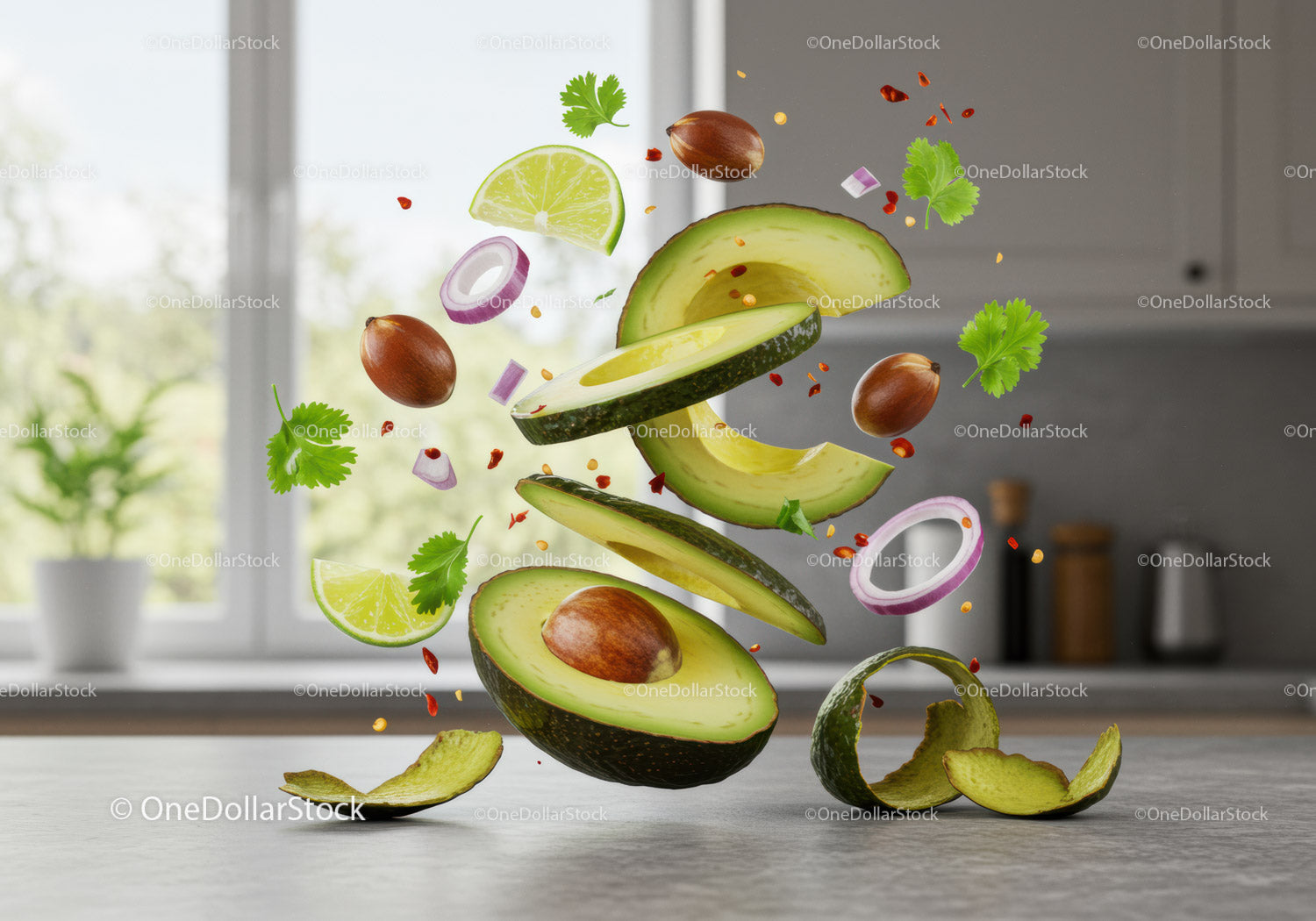 Fresh avocado slices with lime and herbs in kitchen