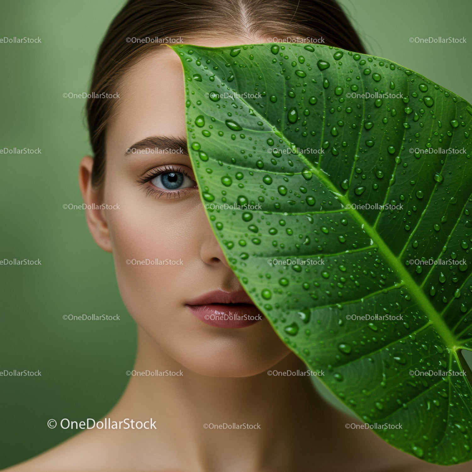 Elegant Woman with Blue Eyes and Large Green Leaf with Water Droplets