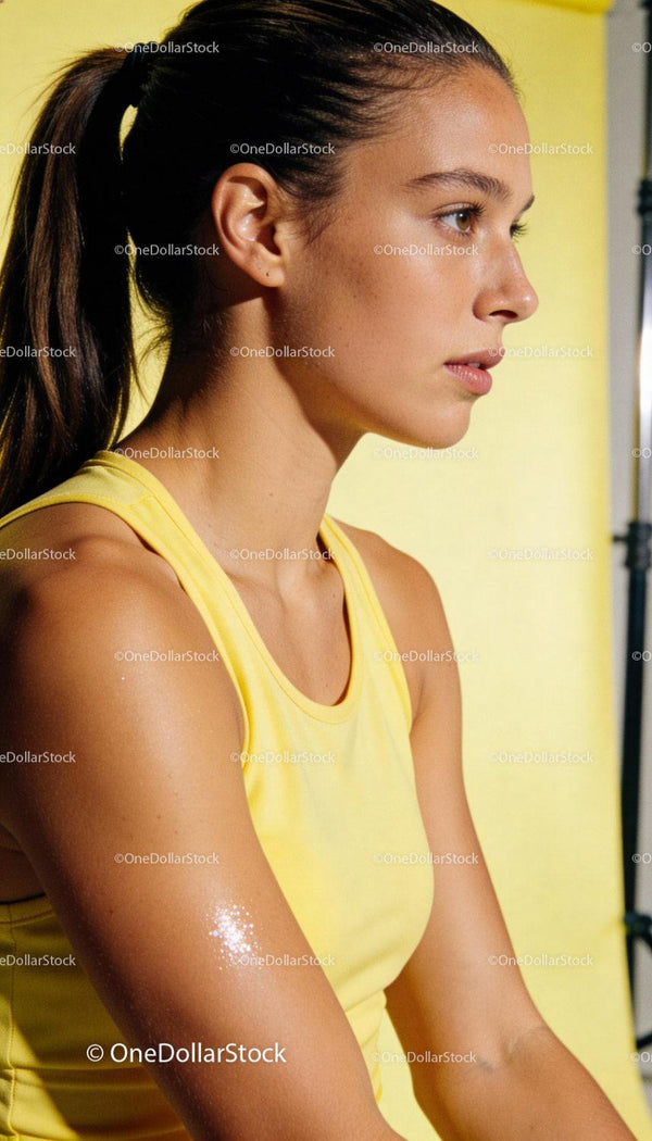 Focused young woman in yellow sportswear preparing for workout