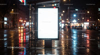 Modern Digital Billboard at City Bus Stop on Rainy Night