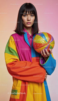 Fashionable Woman in Bright Rainbow Jacket Holding Volleyball