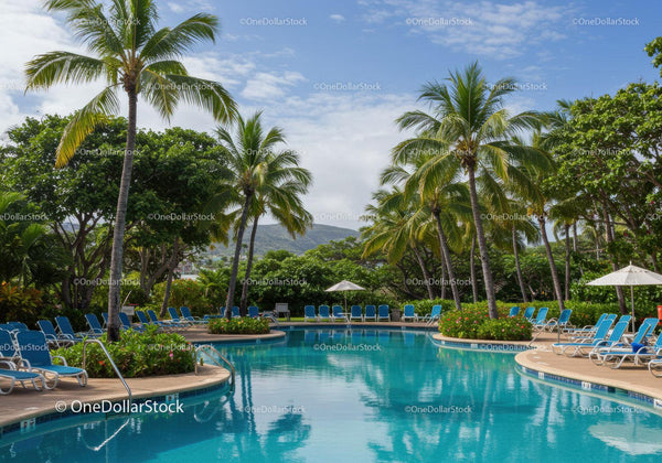 Tropical Pool with Palm Trees and Lounge Chairs in Sunny Garden