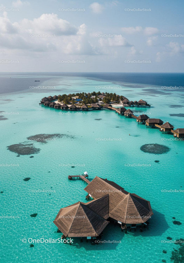 Overwater Bungalows and Turquoise Water on Tropical Island