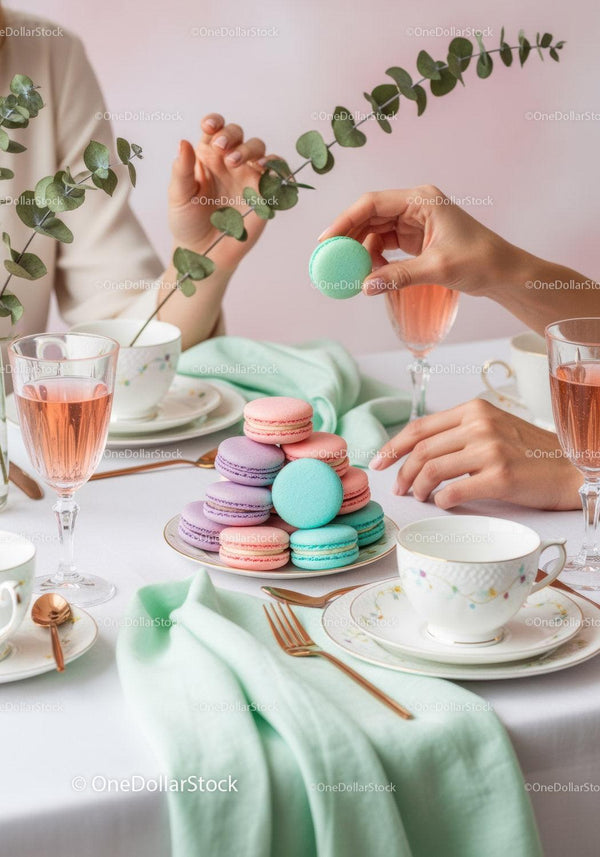 Elegancka Herbata z Kolorowymi Makaronikami i Kwiatową Dekoracją
