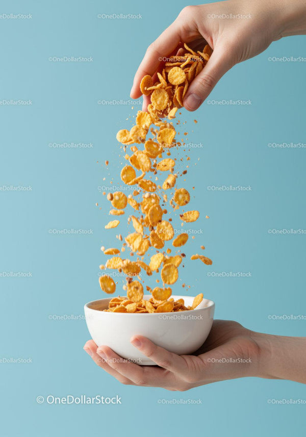 Hand Pouring Cornflakes Into White Bowl On Blue