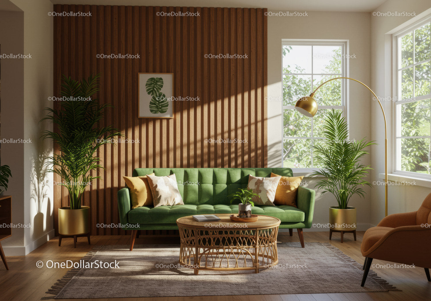 Modern living room with green sofa and natural light