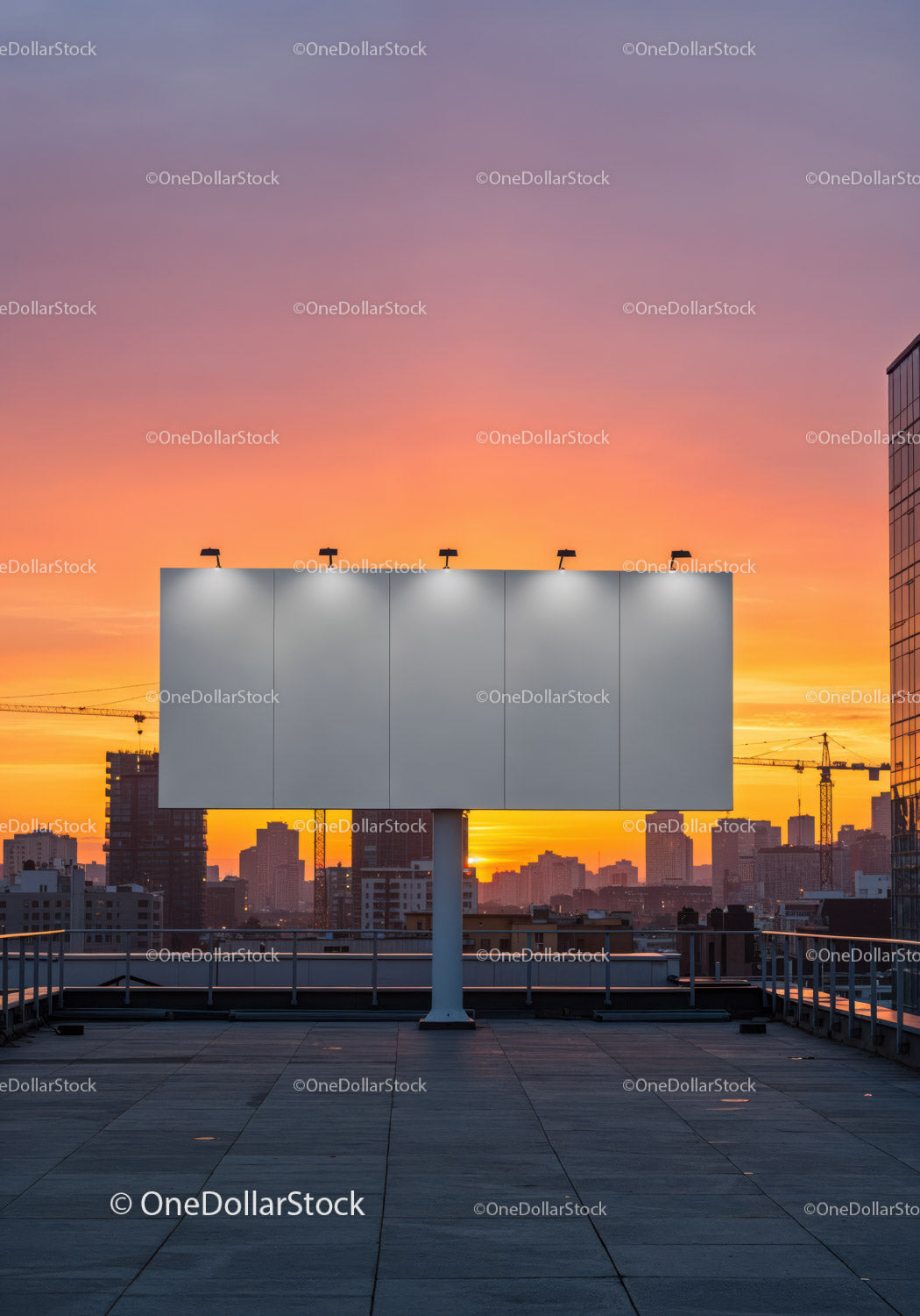 Pusty billboard na dachu nad panoramą miasta o zachodzie słońca