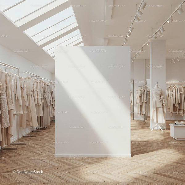Bright Modern Boutique Showcasing Neutral Women's Apparel JPG Mockup Image