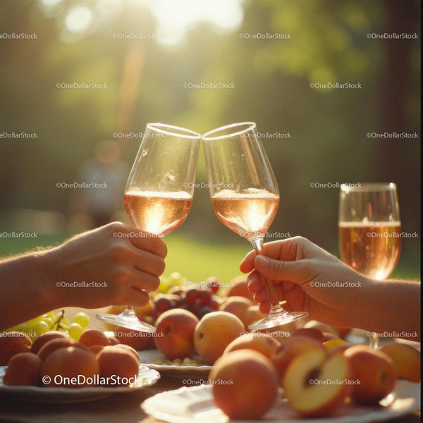 Para wznosząca toast z różowym winem wśród letniego pikniku z owocami
