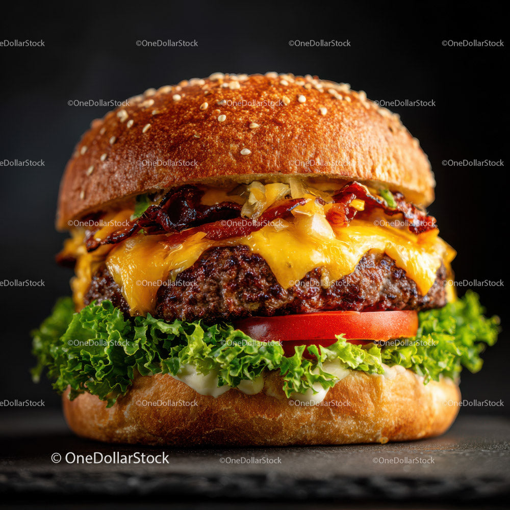 Juicy Cheeseburger with Bacon and Fresh Vegetables