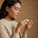 Close-up of a Woman Applying Skincare with a Beige Background