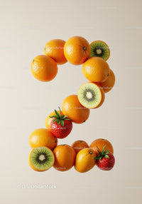 Number Two Composed of Fresh Mixed Fruits on Light Background