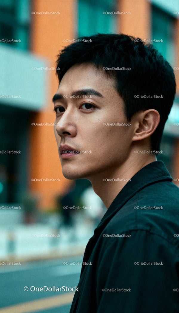 Thoughtful young man standing in urban street scene
