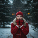 Young woman enjoying snowfall in cozy red winter outfit