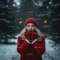 Young woman enjoying snowfall in cozy red winter outfit