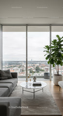 Bright Modern Living Room with Fiddle Leaf Fig and City View