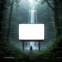 Hiker Standing Before Blank Billboard Near Waterfall