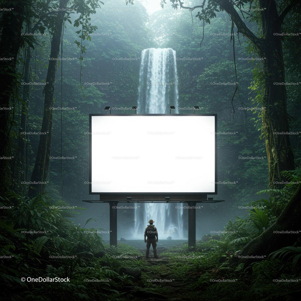 Hiker Standing Before Blank Billboard Near Waterfall JPG Mockup Image