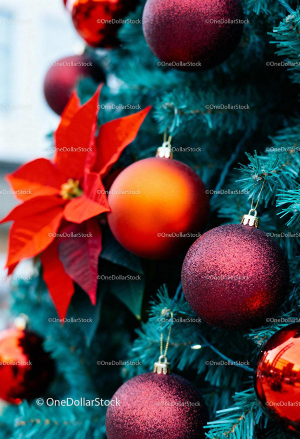 Close-up of festive Christmas tree with red decorations