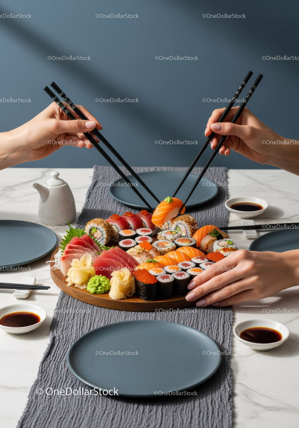 Elegant Sushi Platter with Assorted Rolls and Sashimi on Modern Table