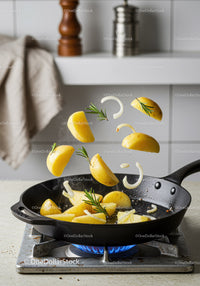 Sautéing potatoes and onions with fresh rosemary in pan