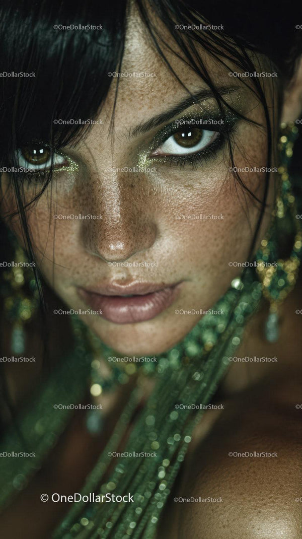 Striking Woman with Glitter Eye Makeup and Wet Hair in Artistic Portrait