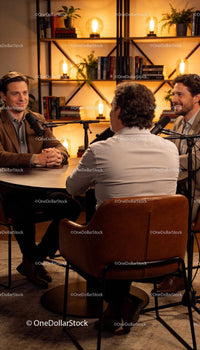 Three men engaged in a relaxed podcast discussion