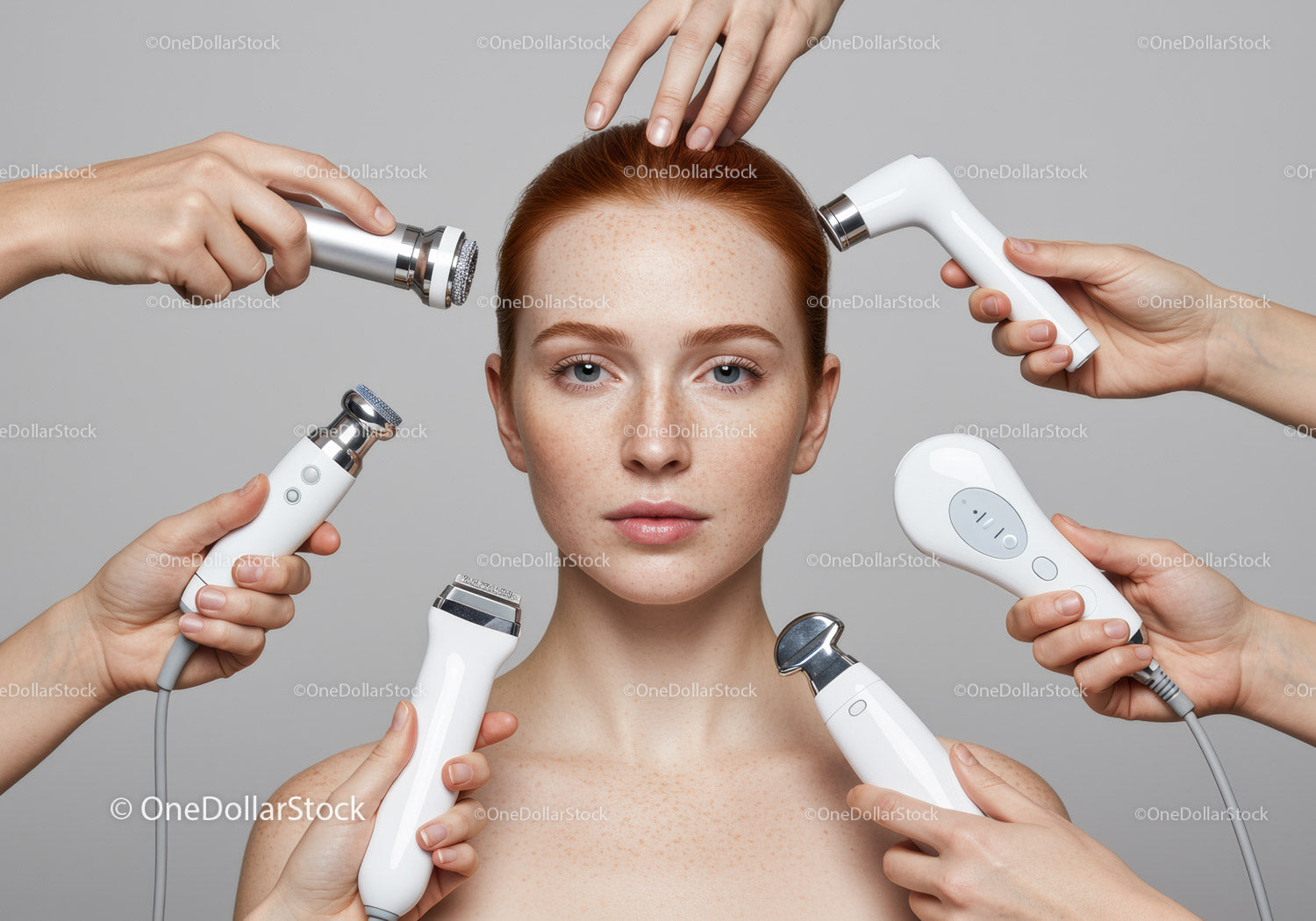 Woman with Freckled Skin Surrounded by Skincare Devices for Facial Treatment