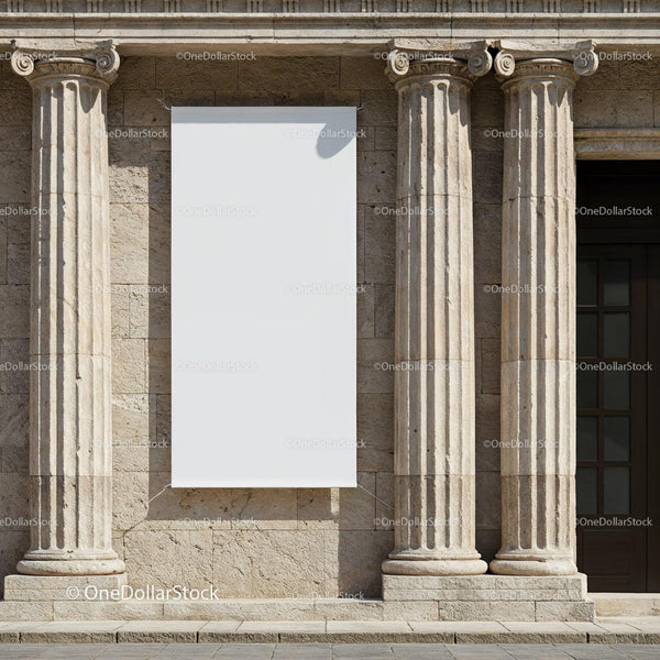Blank Vertical Banner Between Stone Columns on Building JPG Mockup Image