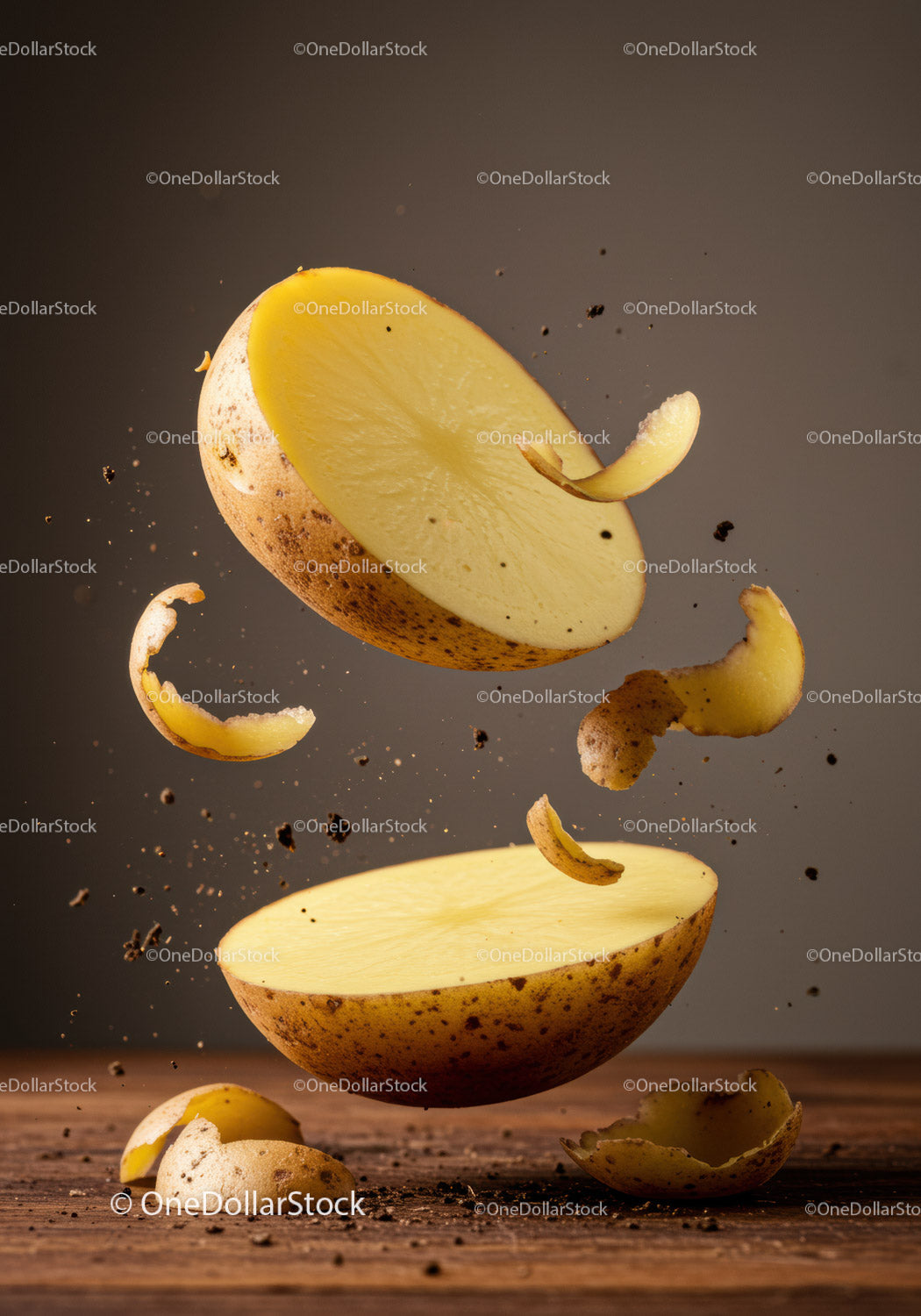 Fresh potato halves with peels floating over wooden table