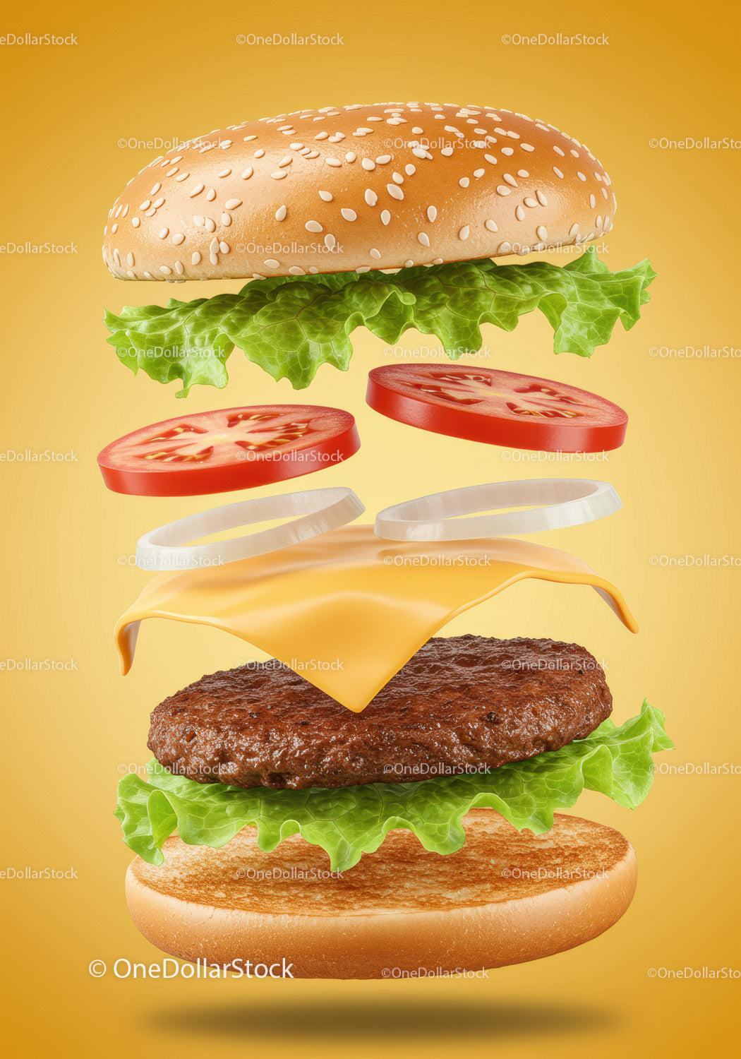 Deconstructed cheeseburger with fresh vegetables on yellow