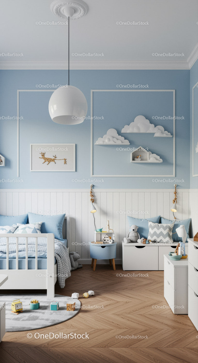 Cute Modern Nursery Room with Cloud Wall Decor and Cozy Ambiance