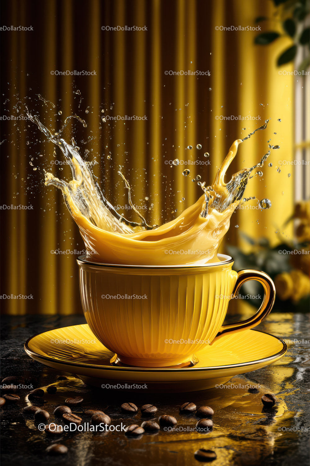 Yellow Coffee Cup with Splash and Coffee Beans in Bright Setting