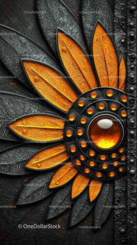 Elegant Decorative Sunflower Pattern with Orange Petals and Black Background