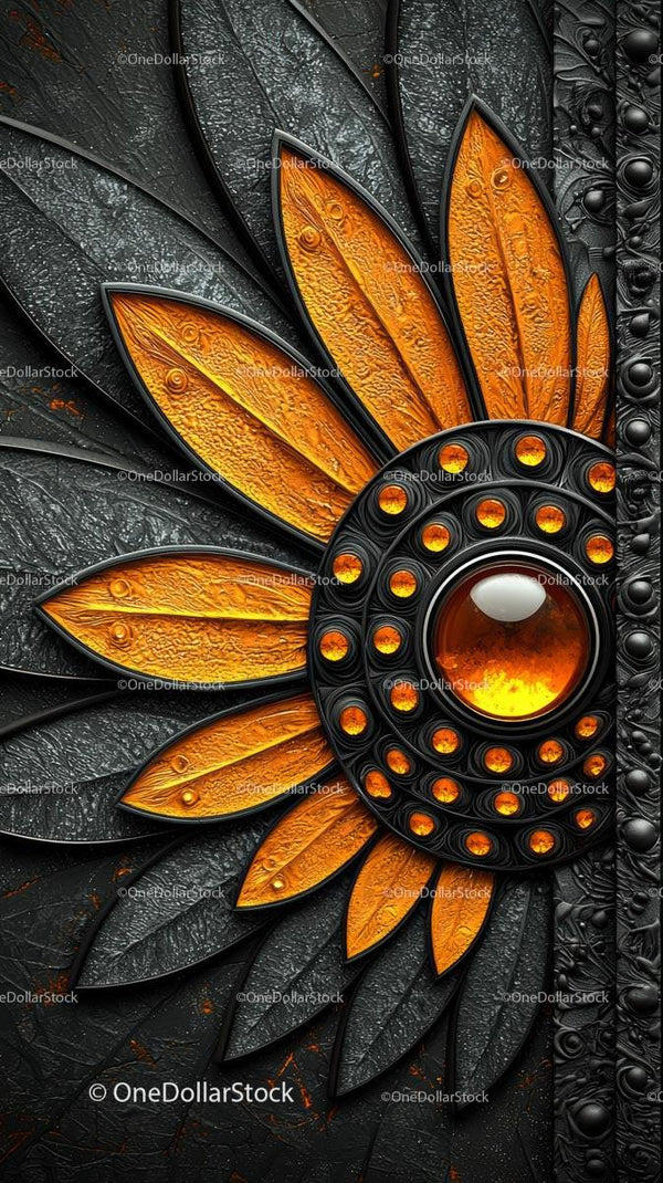 Elegant Decorative Sunflower Pattern with Orange Petals and Black Background