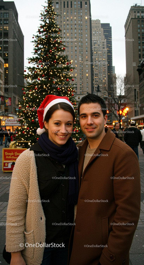 Couple Smiling by Christmas Tree in City Square