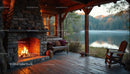 Cozy Lakeside Cabin with Fireplace Overlooking Mountain Lake at Sunset