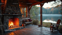 Cozy Lakeside Cabin with Fireplace Overlooking Mountain Lake at Sunset