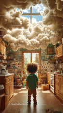 Child Standing in Cozy Kitchen Surrounded by Clouds and Sunlight