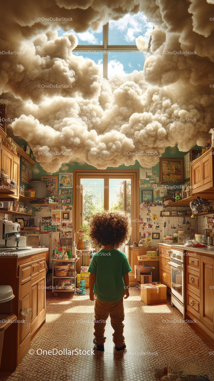 Child Standing in Cozy Kitchen Surrounded by Clouds and Sunlight
