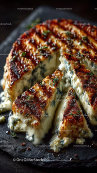 Artisan Blue Cheese Wheel on Dark Rustic Surface in Gourmet Food Setting