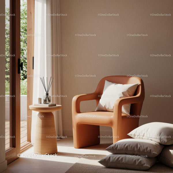Cozy modern chair with pillows near sunlit window