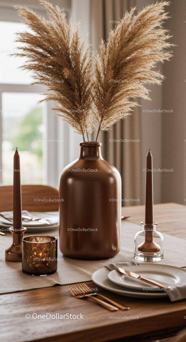 Elegant Dining Table Decor with Calming Pampas Grass Vase and Candles