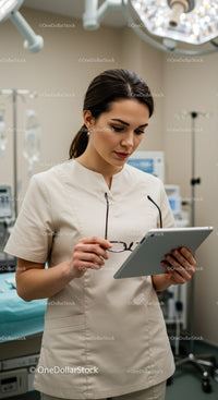 Female Nurse Using Tablet in Hospital Setting for Patient Care